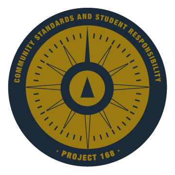 gold and blue circle with "community standards and student responsibility written inside with a compass.