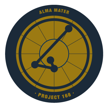 gold and blue circle with "Alma Mater" written inside. 