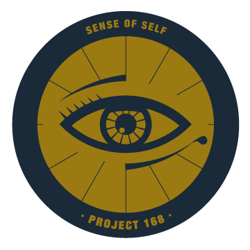 gold and blue circle with "sense of self" written inside over an open eye.