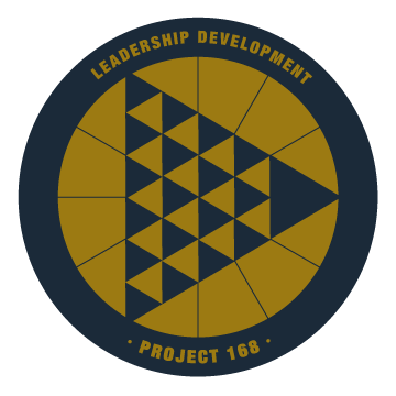Circle with blue triangle with outside ring that reads "leadership development" 