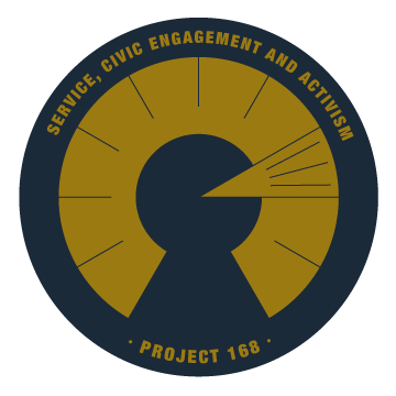 icon gold circle blue outline. "Service, Civic Engagement and Activism" written along the rim.